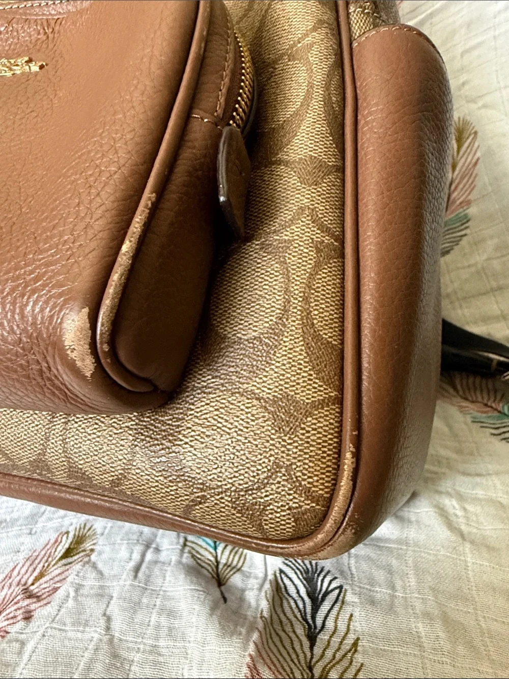 Coach Brown Signature Leather Backpack with gold hardware